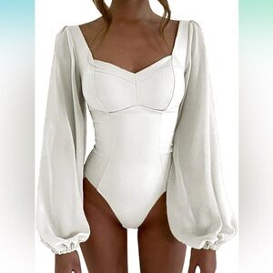 Women's Sexy Square Neck Bodysuits Puff Sleeve Tops Bodycon